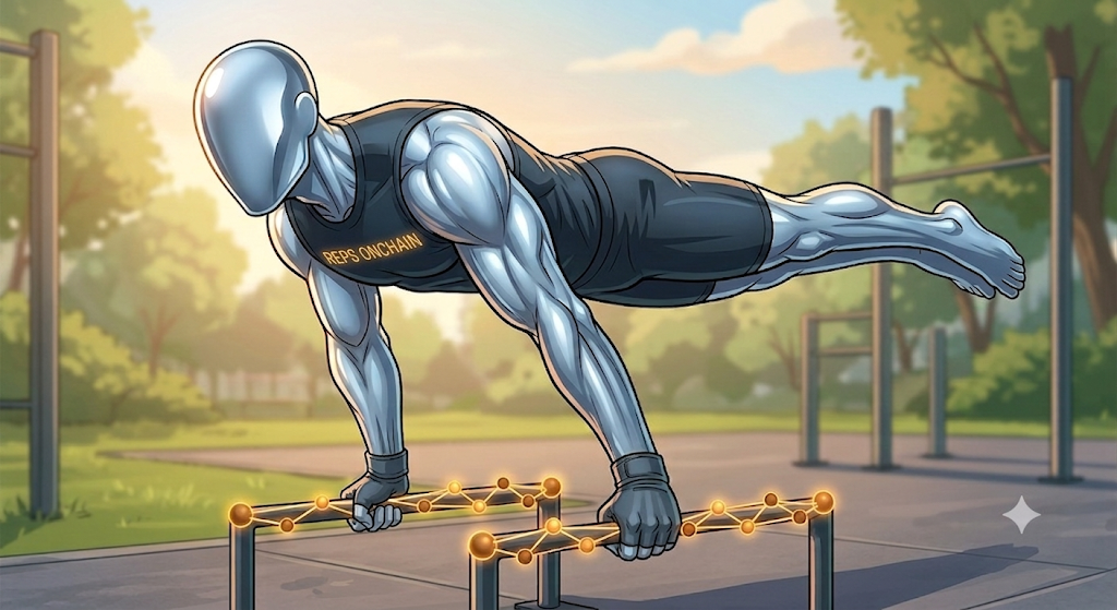 Chrome calisthenics figure holding a planche position in a sunlit park